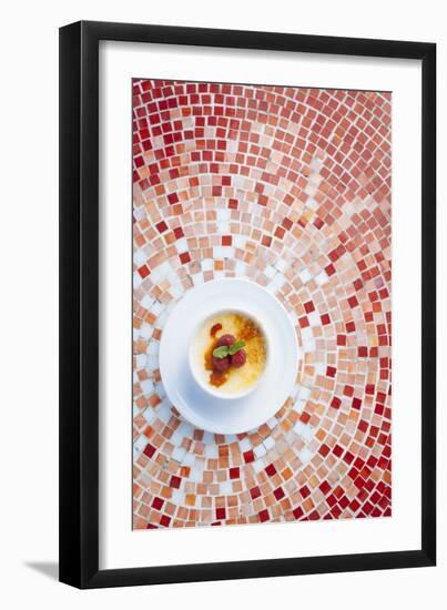 Creme Brulee With Raspberries And Mint Served At The Slanted Porch In Fallon Nevada-Shea Evans-Framed Photographic Print