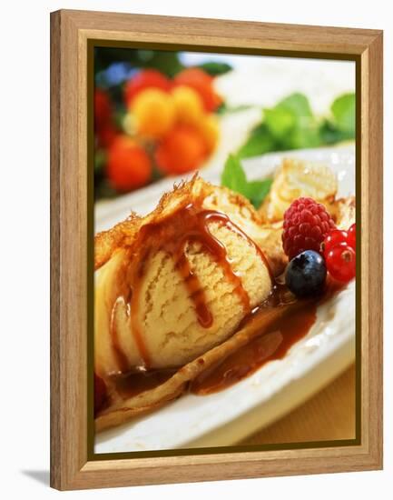 Crêpes with Ice Cream, Berries and Caramel Sauce-null-Framed Premier Image Canvas