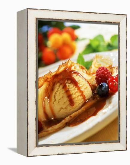 Crêpes with Ice Cream, Berries and Caramel Sauce-null-Framed Premier Image Canvas