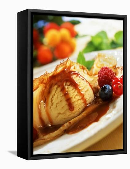 Crêpes with Ice Cream, Berries and Caramel Sauce-null-Framed Premier Image Canvas