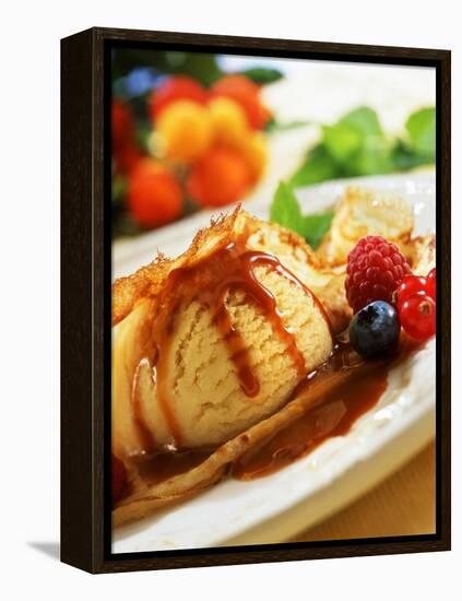 Crêpes with Ice Cream, Berries and Caramel Sauce-null-Framed Premier Image Canvas