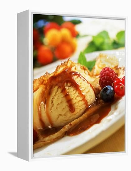 Crêpes with Ice Cream, Berries and Caramel Sauce-null-Framed Premier Image Canvas