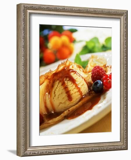 Crêpes with Ice Cream, Berries and Caramel Sauce-null-Framed Photographic Print