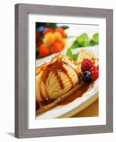 Crêpes with Ice Cream, Berries and Caramel Sauce-null-Framed Photographic Print