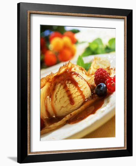 Crêpes with Ice Cream, Berries and Caramel Sauce-null-Framed Photographic Print