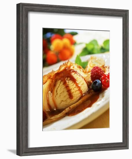 Crêpes with Ice Cream, Berries and Caramel Sauce-null-Framed Photographic Print