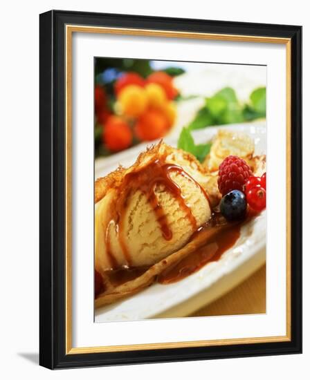Crêpes with Ice Cream, Berries and Caramel Sauce-null-Framed Photographic Print