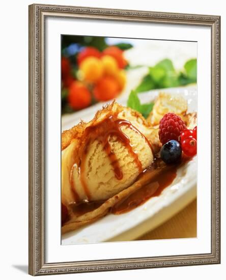 Crêpes with Ice Cream, Berries and Caramel Sauce-null-Framed Photographic Print