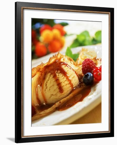 Crêpes with Ice Cream, Berries and Caramel Sauce-null-Framed Photographic Print