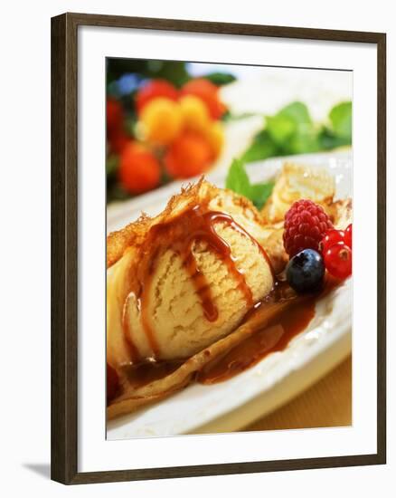 Crêpes with Ice Cream, Berries and Caramel Sauce-null-Framed Photographic Print