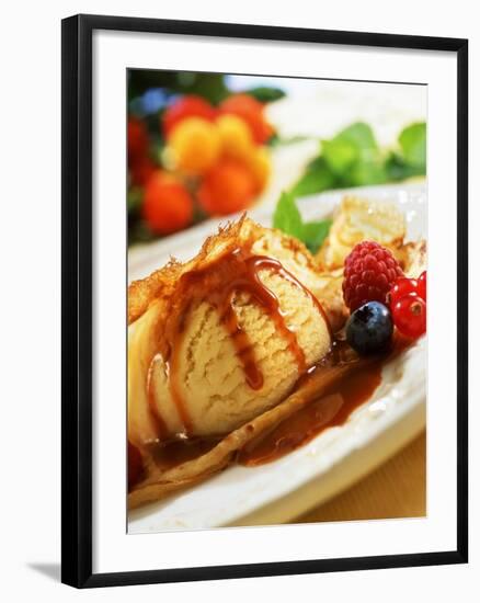 Crêpes with Ice Cream, Berries and Caramel Sauce-null-Framed Photographic Print