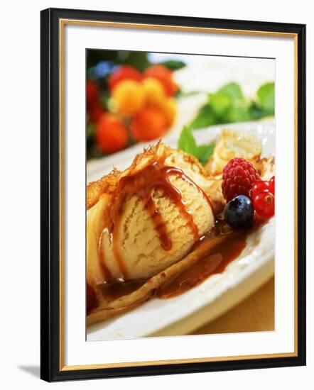 Crêpes with Ice Cream, Berries and Caramel Sauce-null-Framed Photographic Print