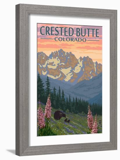 Crested Butte, Colorado - Bears and Spring Flowers-Lantern Press-Framed Art Print