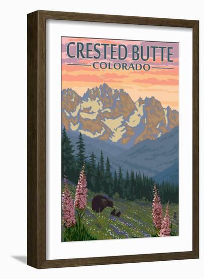Crested Butte, Colorado - Bears and Spring Flowers-Lantern Press-Framed Art Print