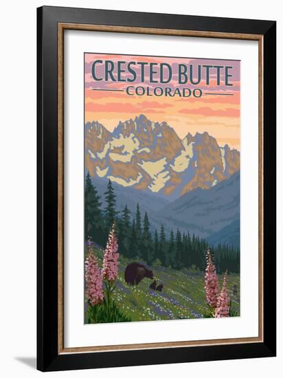 Crested Butte, Colorado - Bears and Spring Flowers-Lantern Press-Framed Art Print