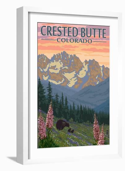 Crested Butte, Colorado - Bears and Spring Flowers-Lantern Press-Framed Art Print