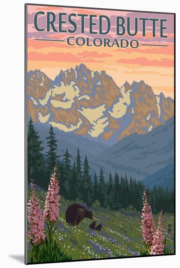 Crested Butte, Colorado - Bears and Spring Flowers-Lantern Press-Mounted Art Print