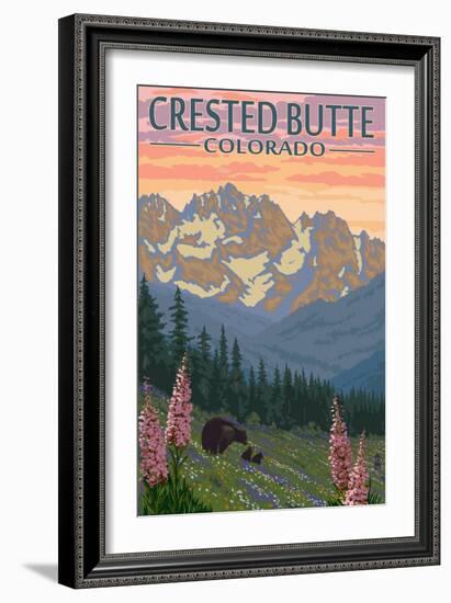 Crested Butte, Colorado - Bears and Spring Flowers-Lantern Press-Framed Art Print