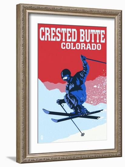 Crested Butte, Colorado - Colorblocked Skier-Lantern Press-Framed Art Print