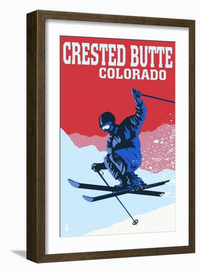 Crested Butte, Colorado - Colorblocked Skier-Lantern Press-Framed Art Print