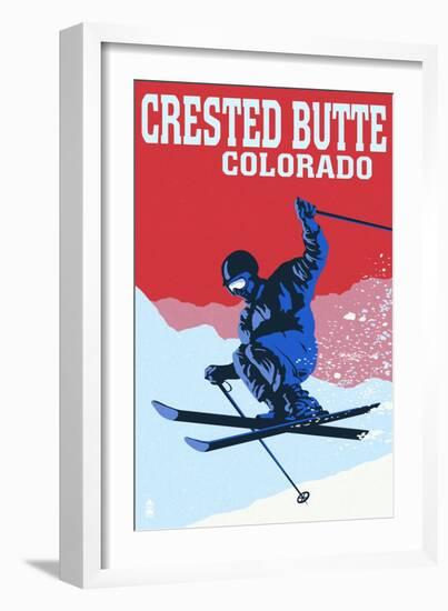 Crested Butte, Colorado - Colorblocked Skier-Lantern Press-Framed Art Print