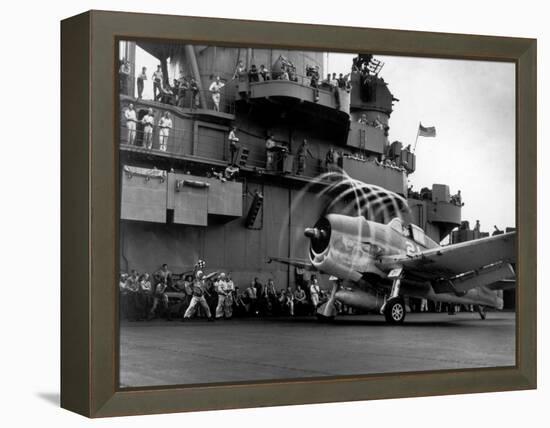 Crew Members on Deck of American Aircraft Carrier, Watching Take-Off of a F6F Hellcat-null-Framed Premier Image Canvas