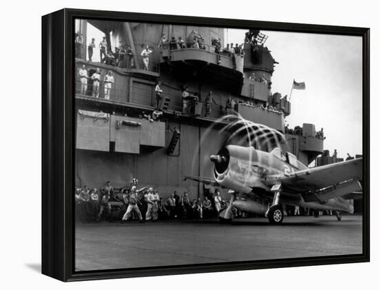 Crew Members on Deck of American Aircraft Carrier, Watching Take-Off of a F6F Hellcat-null-Framed Premier Image Canvas