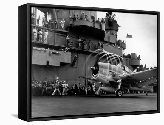 Crew Members on Deck of American Aircraft Carrier, Watching Take-Off of a F6F Hellcat-null-Framed Premier Image Canvas