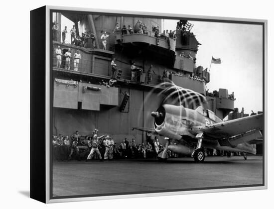Crew Members on Deck of American Aircraft Carrier, Watching Take-Off of a F6F Hellcat-null-Framed Premier Image Canvas