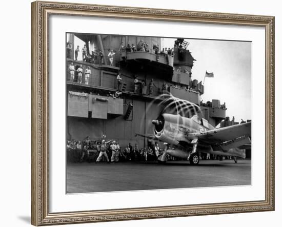 Crew Members on Deck of American Aircraft Carrier, Watching Take-Off of a F6F Hellcat-null-Framed Premium Photographic Print