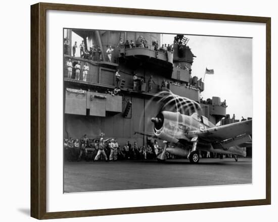 Crew Members on Deck of American Aircraft Carrier, Watching Take-Off of a F6F Hellcat-null-Framed Premium Photographic Print