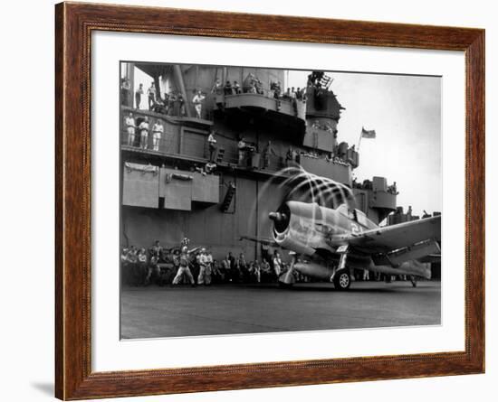 Crew Members on Deck of American Aircraft Carrier, Watching Take-Off of a F6F Hellcat-null-Framed Premium Photographic Print