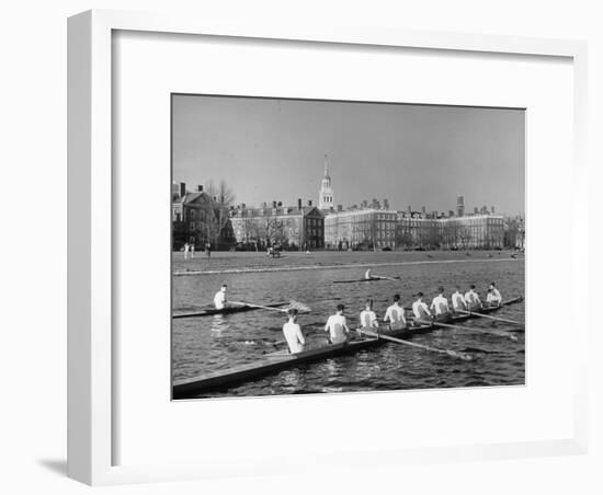 Crew Rowing on Charles River across from Harvard University Campus-Alfred Eisenstaedt-Framed Premium Photographic Print