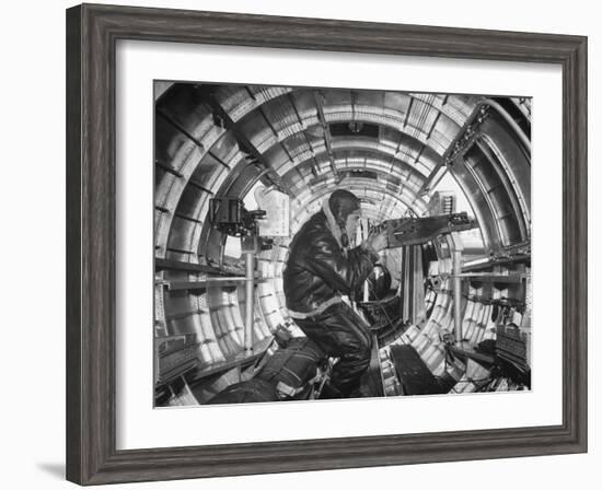 Crewman Poking His 50 Cal. Machine Gun Out of Side Window of B-17E Flying Fortress During WWII-Frank Scherschel-Framed Photographic Print