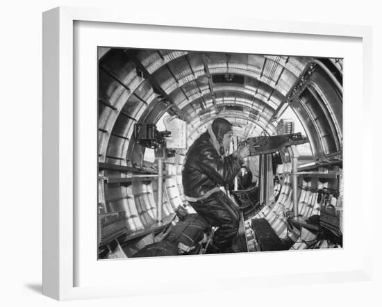 Crewman Poking His 50 Cal. Machine Gun Out of Side Window of B-17E Flying Fortress During WWII-Frank Scherschel-Framed Photographic Print