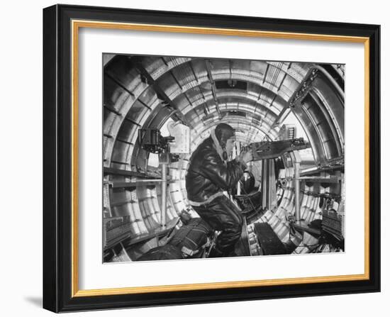 Crewman Poking His 50 Cal. Machine Gun Out of Side Window of B-17E Flying Fortress During WWII-Frank Scherschel-Framed Photographic Print