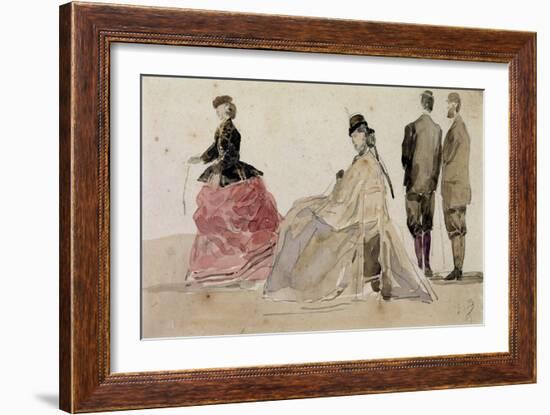 Crinolines on the Beach (Pencil and W/C on Paper)-Eugène Boudin-Framed Giclee Print