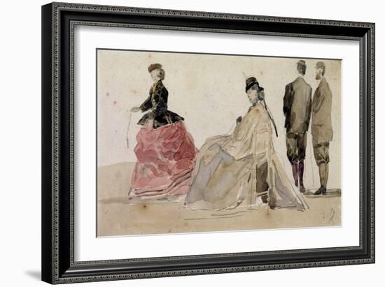 Crinolines on the Beach (Pencil and W/C on Paper)-Eugène Boudin-Framed Giclee Print