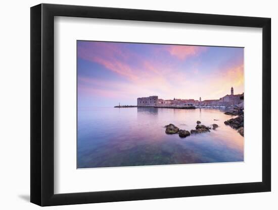 Croatia, Dalmatia, Dubrovnik, Old town, Sunset over the city walls and harbour-Jordan Banks-Framed Photographic Print