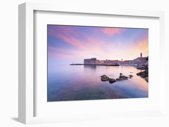 Croatia, Dalmatia, Dubrovnik, Old town, Sunset over the city walls and harbour-Jordan Banks-Framed Photographic Print