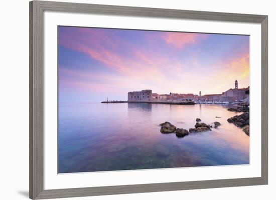 Croatia, Dalmatia, Dubrovnik, Old town, Sunset over the city walls and harbour-Jordan Banks-Framed Photographic Print