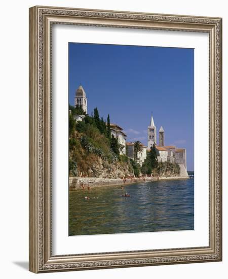 Croatia, Dalmatia, Rab Island, Rab City, Old Town, Cityscape, Beach, Swimmers-Thonig-Framed Photographic Print