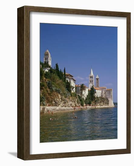 Croatia, Dalmatia, Rab Island, Rab City, Old Town, Cityscape, Beach, Swimmers-Thonig-Framed Photographic Print