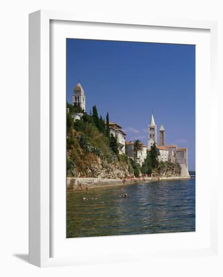 Croatia, Dalmatia, Rab Island, Rab City, Old Town, Cityscape, Beach, Swimmers-Thonig-Framed Photographic Print