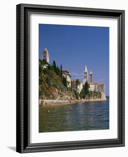 Croatia, Dalmatia, Rab Island, Rab City, Old Town, Cityscape, Beach, Swimmers-Thonig-Framed Photographic Print