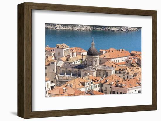 Croatia, Dubrovnik. Old City Cathedral, red tile roofs and Adriatic.-Trish Drury-Framed Photographic Print