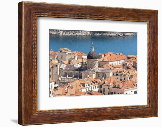 Croatia, Dubrovnik. Old City Cathedral, red tile roofs and Adriatic.-Trish Drury-Framed Photographic Print