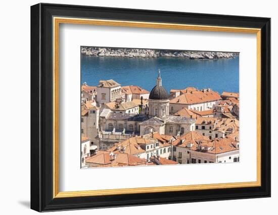 Croatia, Dubrovnik. Old City Cathedral, red tile roofs and Adriatic.-Trish Drury-Framed Photographic Print