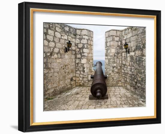 Croatia, Hvar. Cannon overlooking the town and coastline from Hvar Fortica or Spanjola Fortress.-Julie Eggers-Framed Photographic Print