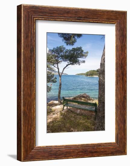 Croatia, Hvar Island, Stari Grad. Picturesque waterfront spot for bench.-Trish Drury-Framed Photographic Print